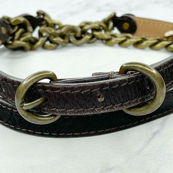 J. Crew Brown Leather Fur Chain Belt - Size Medium M | Gold Hardware - Picture 2 of 11